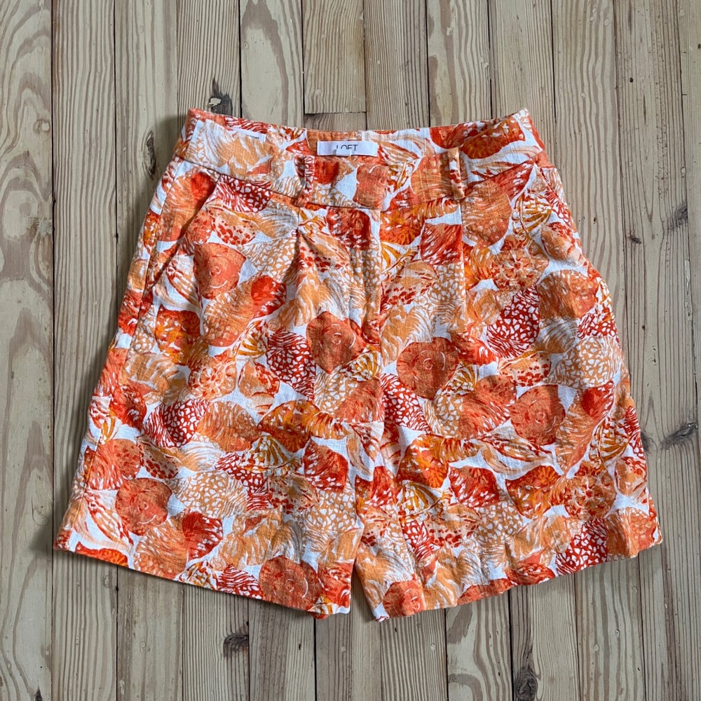 LOFT Peyton Shorts Womens 0 Orange White Seashell Print Linen Blend High Rise